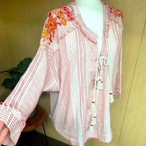 Johnny Was Pink and Orange Embroidered Blouse